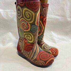 Clog boots wool felted EU 40 multicolor swirls red leather mid calf tall Klimt